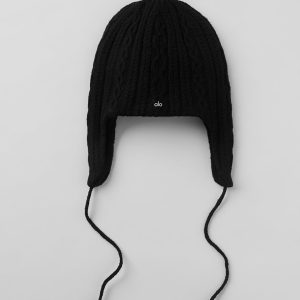Cable Knit Winter Bliss Earflap Beanie - Black