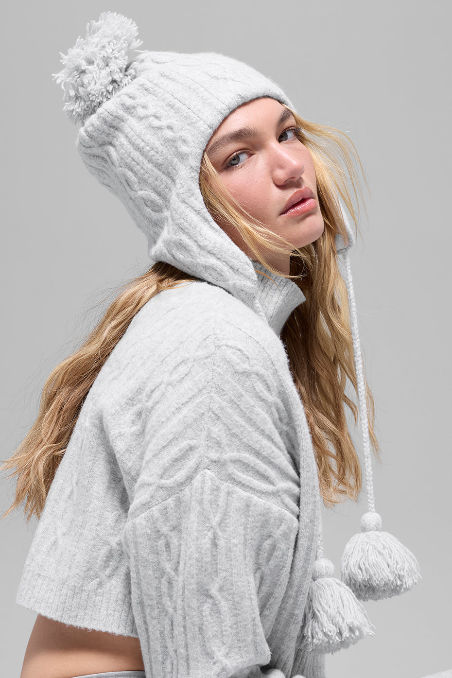 Cable Knit Winter Bliss Earflap Beanie - Athletic Heather Grey - Image 2