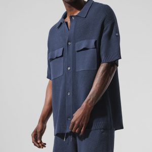 Sports Club Sweater Knit Short Sleeve Button Up - Navy