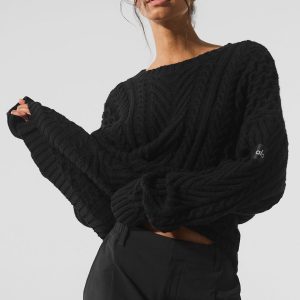 Cable Knit Crew Neck Sweater - Black