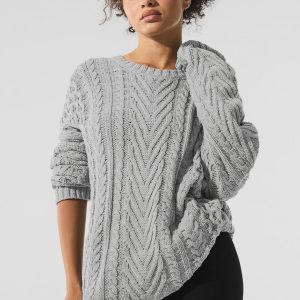 Cable Knit Crew Neck Sweater - Athletic Heather Grey