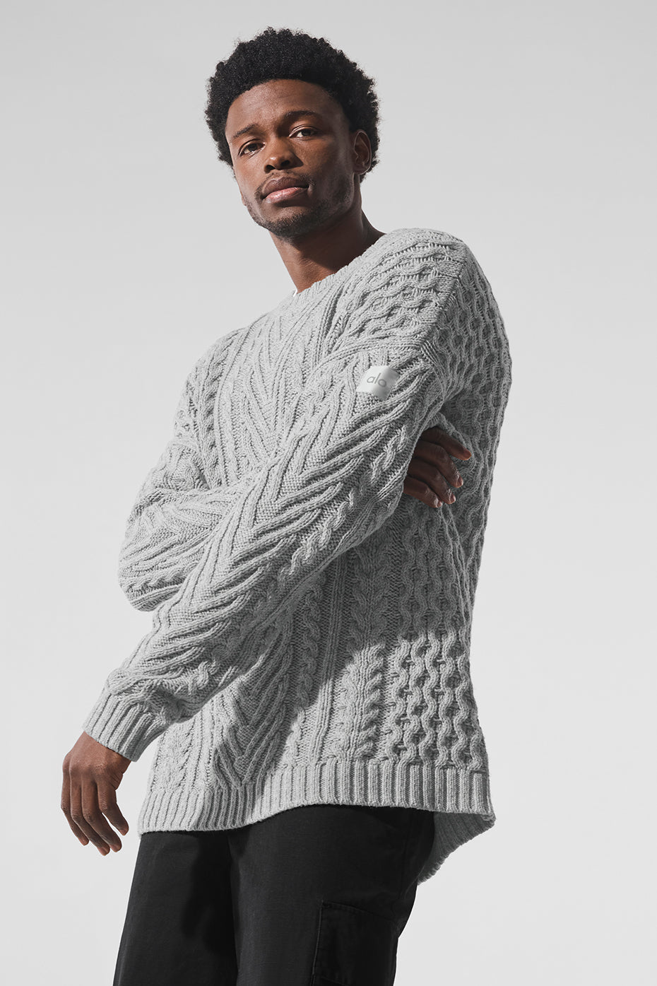 Cable Knit Crew Neck Sweater - Athletic Heather Grey - Image 2