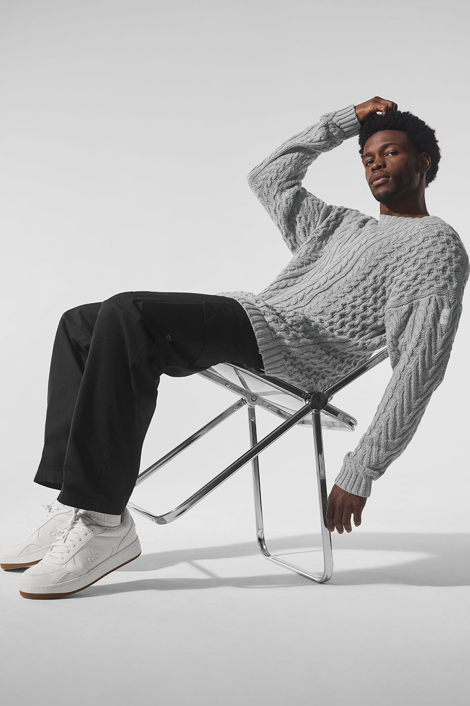 Cable Knit Crew Neck Sweater - Athletic Heather Grey - Image 4