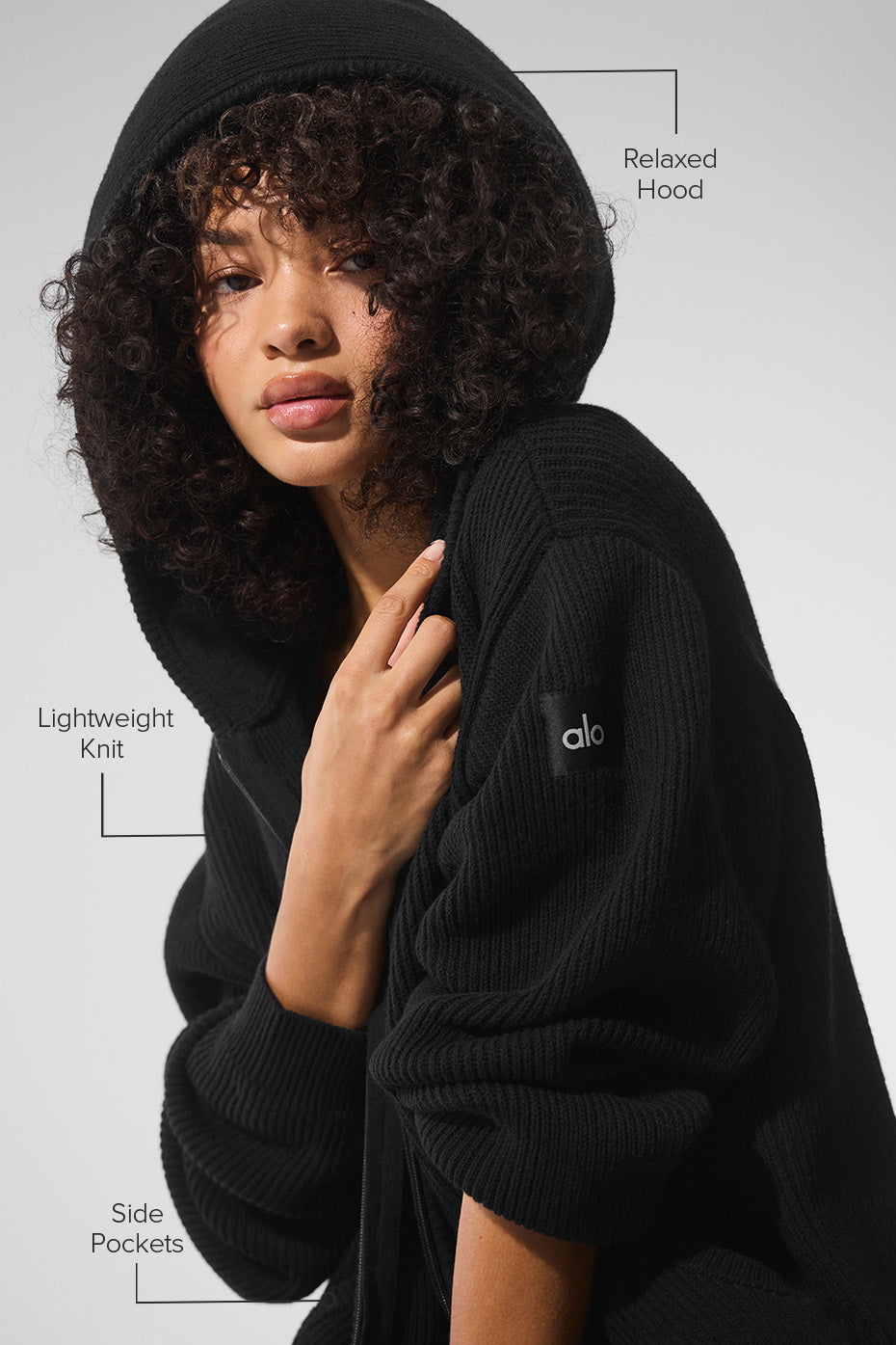 Domain Rib Knit Full Zip Sweater - Black - Image 2