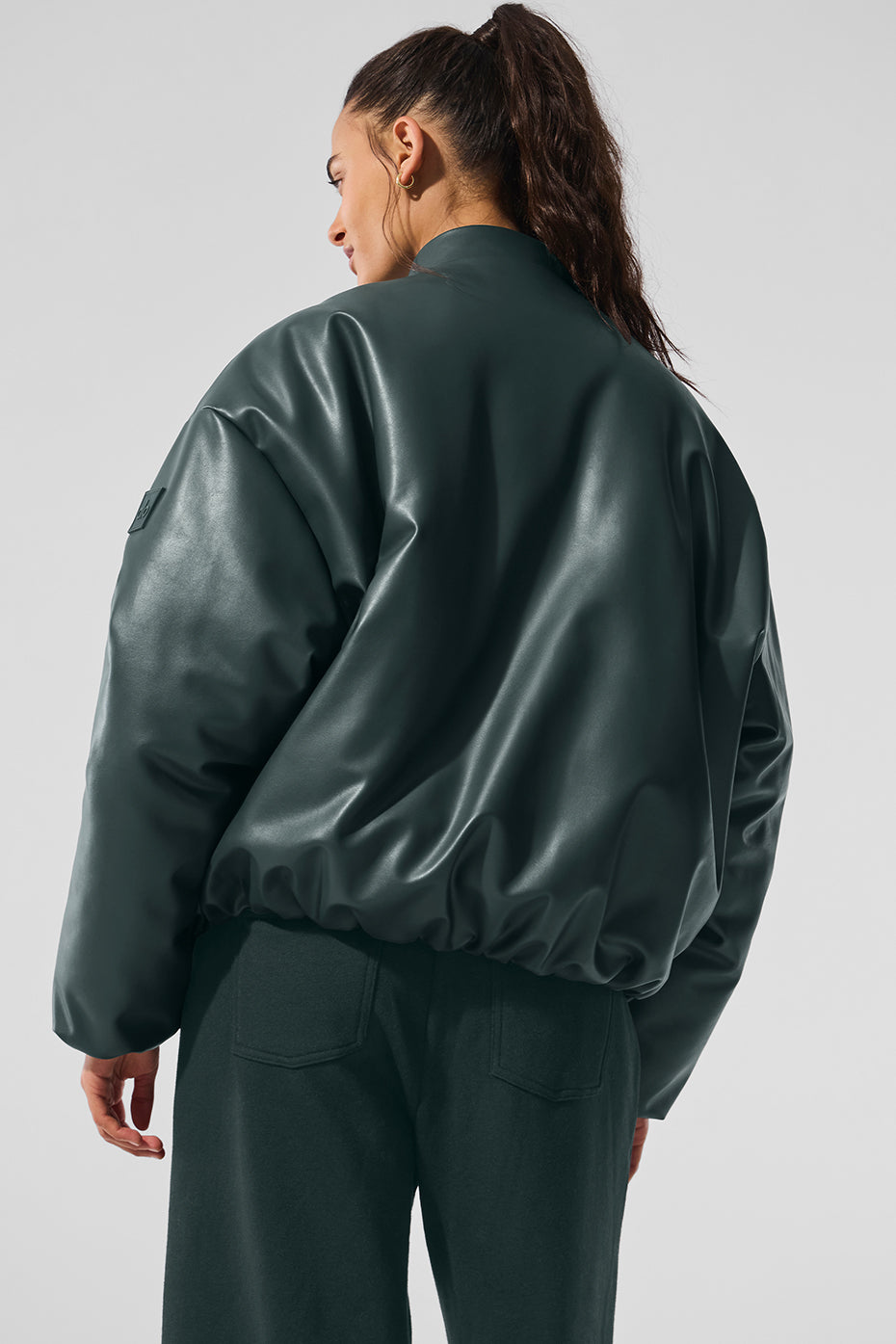 Faux Leather Premier Bomber - Charcoal Green - Image 2