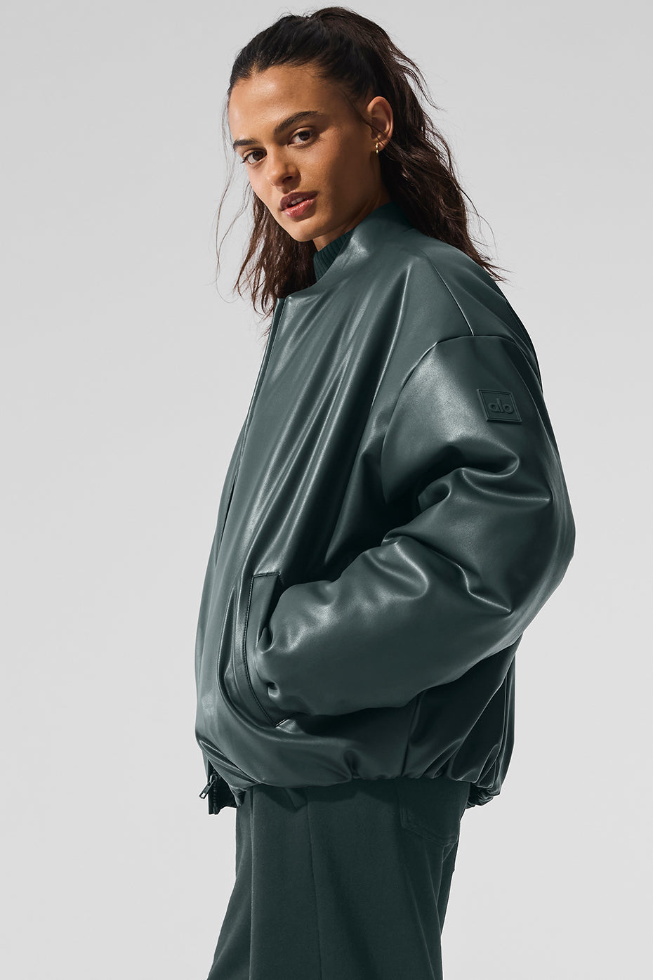Faux Leather Premier Bomber - Charcoal Green - Image 3