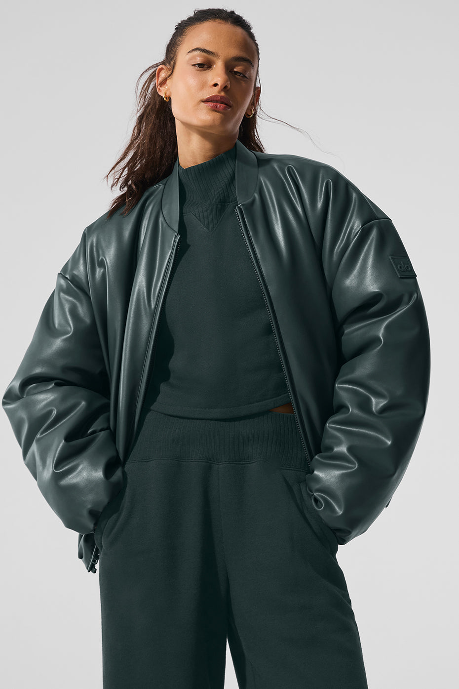Faux Leather Premier Bomber - Charcoal Green - Image 4
