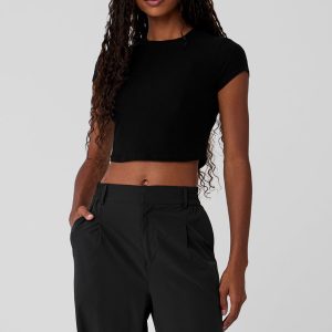 Ribbed Sea Coast Cropped Short Sleeve Tee - Black