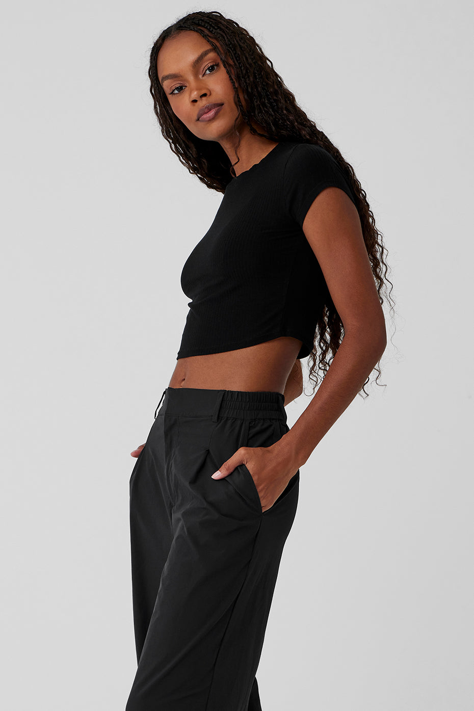 Ribbed Sea Coast Cropped Short Sleeve Tee - Black - Image 3