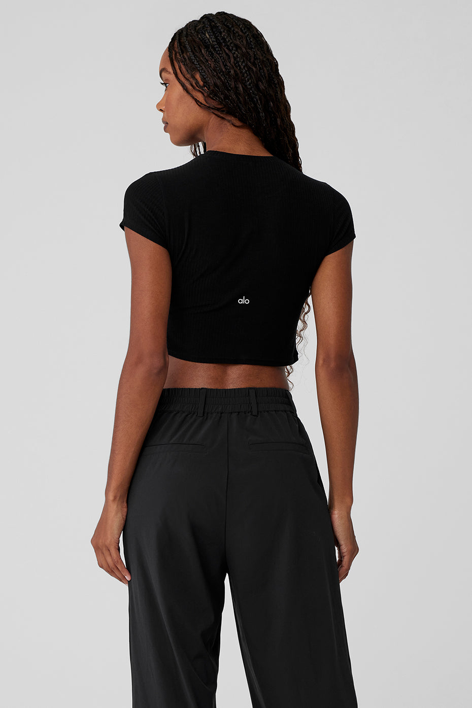 Ribbed Sea Coast Cropped Short Sleeve Tee - Black - Image 2