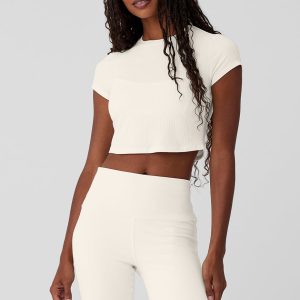 Ribbed Sea Coast Cropped Short Sleeve Tee - Ivory