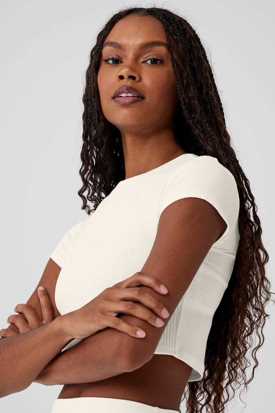 Ribbed Sea Coast Cropped Short Sleeve Tee - Ivory - Image 4