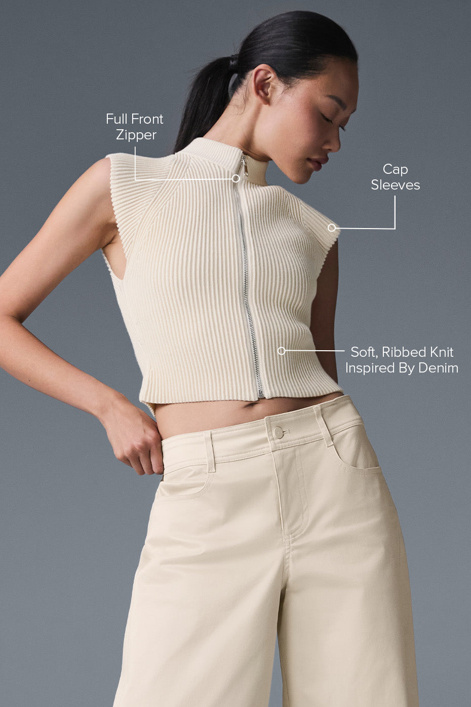 Denim Knit Sleeveless Full Zip Top - Oat Milk/Ivory - Image 2