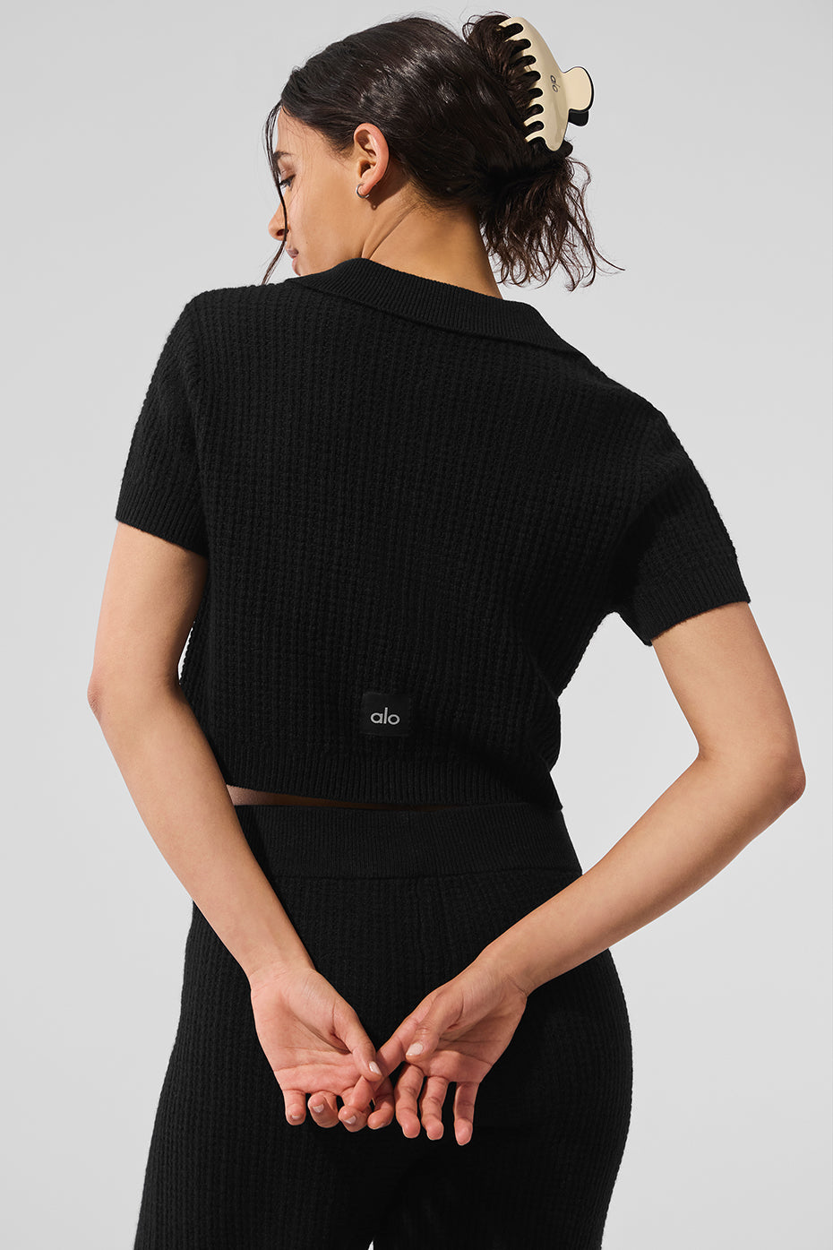 Cashmere Plush Waffle Polo Tee - Black - Image 3