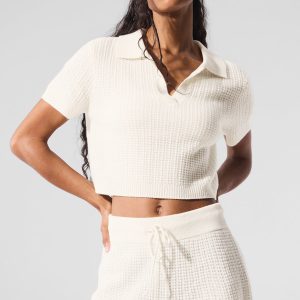 Cashmere Plush Waffle Polo Tee - Ivory