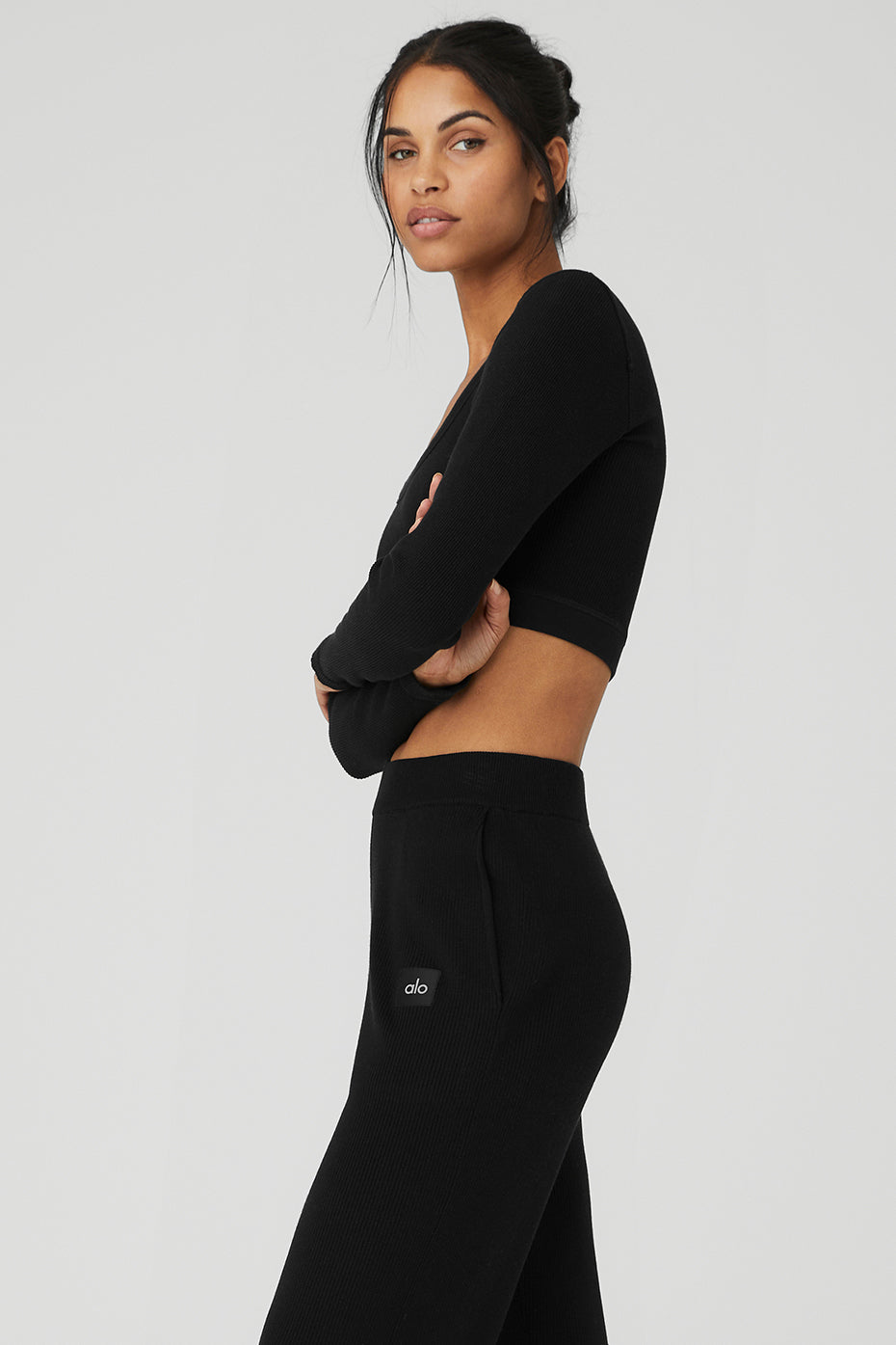 Seamless Ribbed Cropped Serene Long Sleeve - Black - Image 3