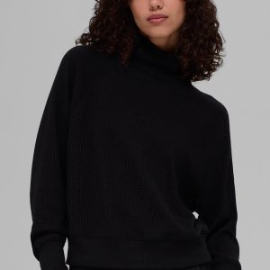Waffle Weekend Escape Mock Neck Long Sleeve - Black