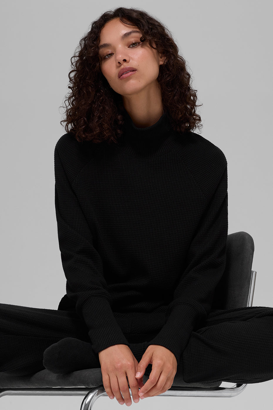 Waffle Weekend Escape Mock Neck Long Sleeve - Black - Image 3