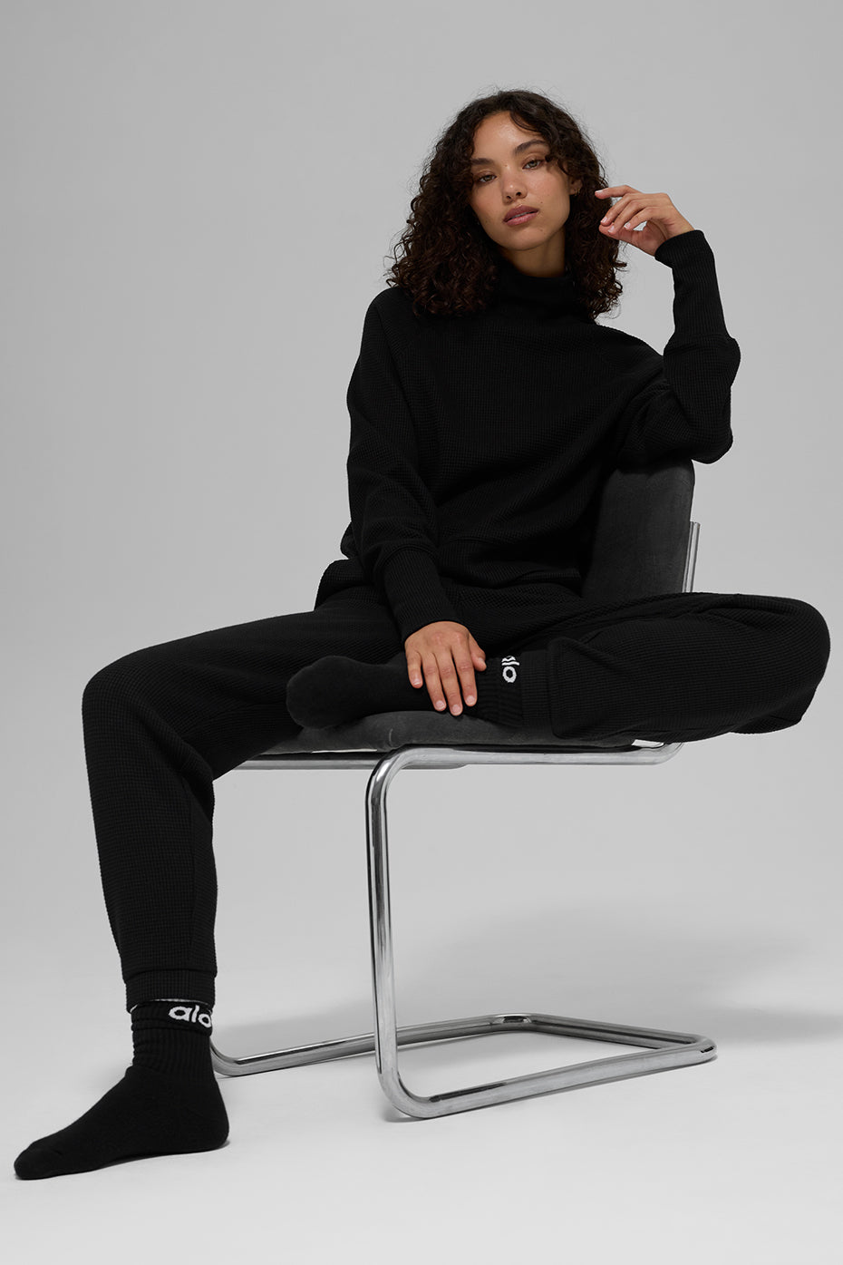 Waffle Weekend Escape Mock Neck Long Sleeve - Black - Image 6
