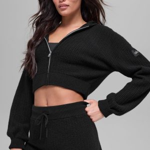 Cashmere Plush Waffle Full Zip Hoodie - Black