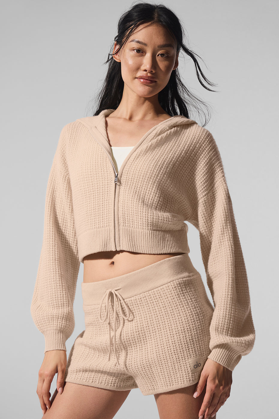 Cashmere Plush Waffle Full Zip Hoodie - Macadamia Blush - Image 3