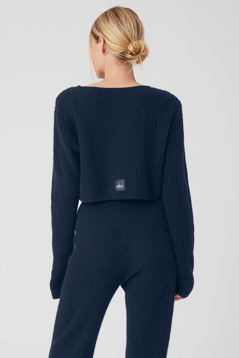 Cashmere Plush Waffle Cropped Long Sleeve - Navy - Image 2