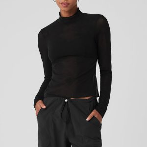 Mesh Sheer Illusion Mock Neck Long Sleeve - Black