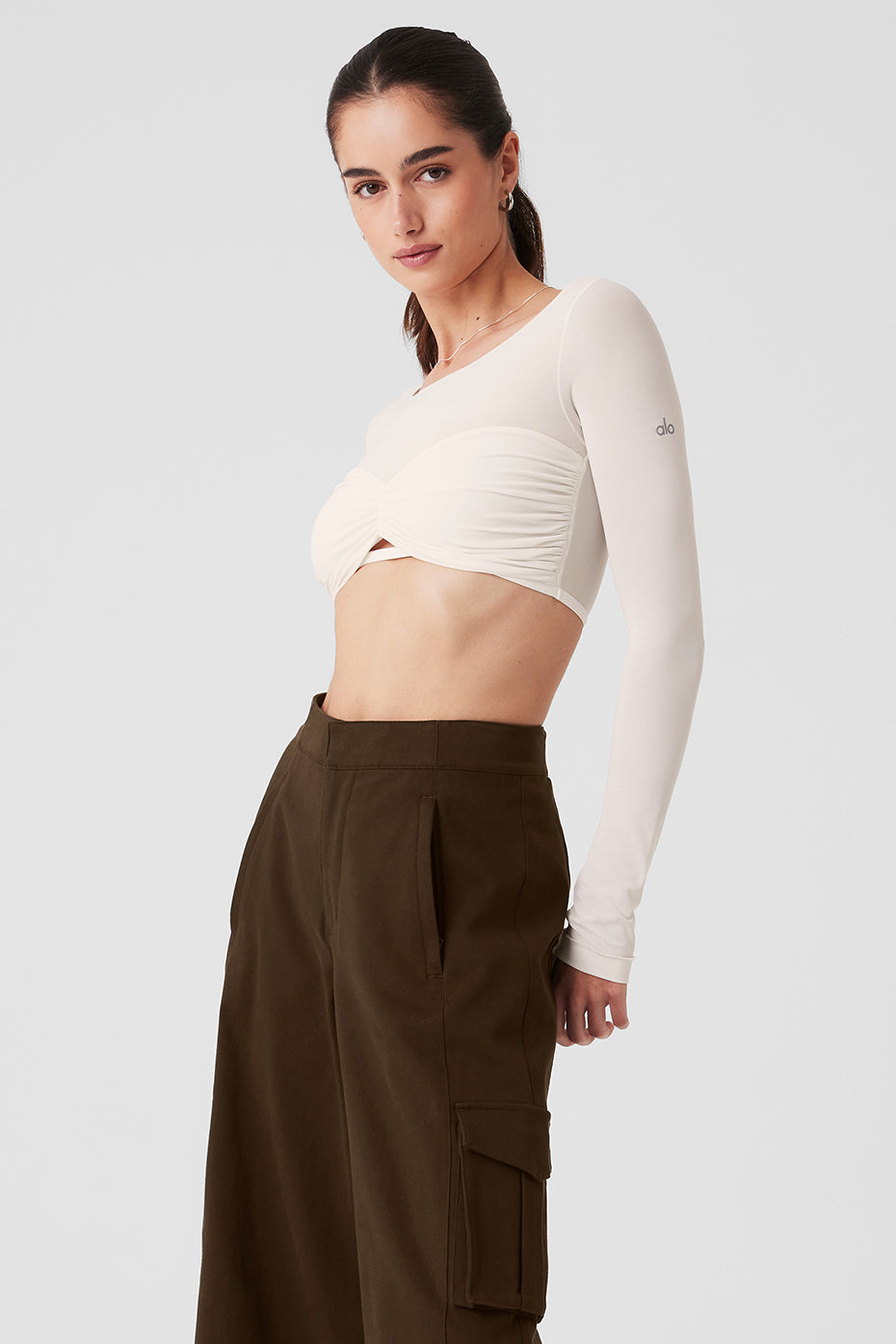 Mesh Sheer Illusion Cropped Long Sleeve - Ivory - Image 3
