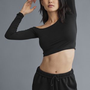 Asymmetric Sheer Glow Long Sleeve - Black