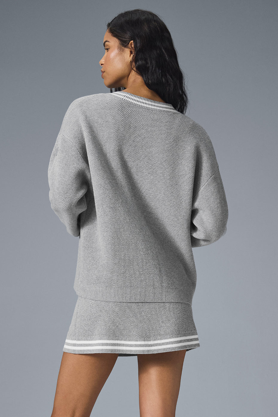 Tennis Club Sweater Knit Cardigan - Athletic Heather Grey/White - Image 2