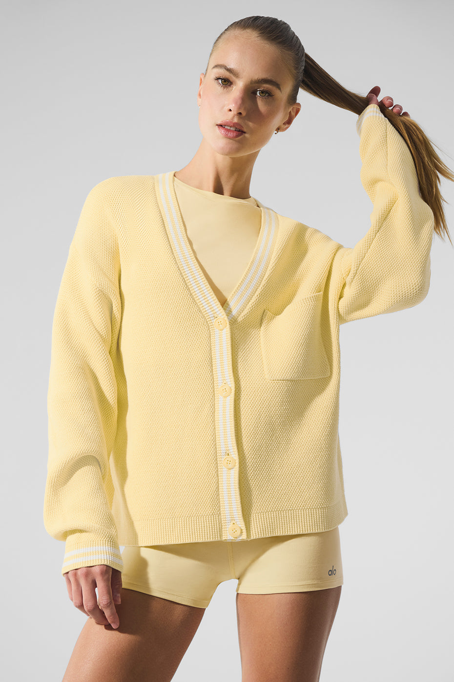 Tennis Club Sweater Knit Cardigan - Warm Butter/White - Image 2