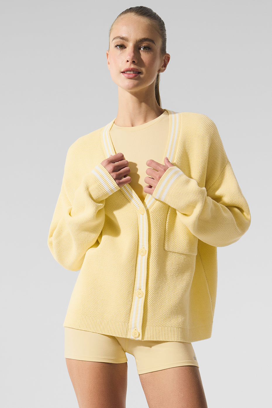 Tennis Club Sweater Knit Cardigan - Warm Butter/White - Image 5