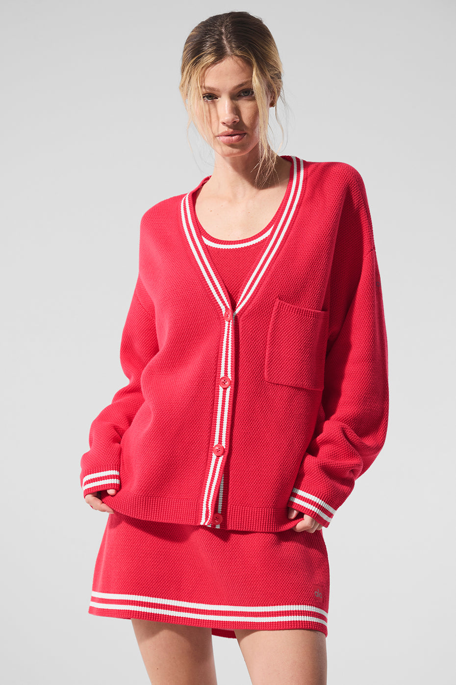 Tennis Club Sweater Knit Cardigan - Candy Red/White - Image 2