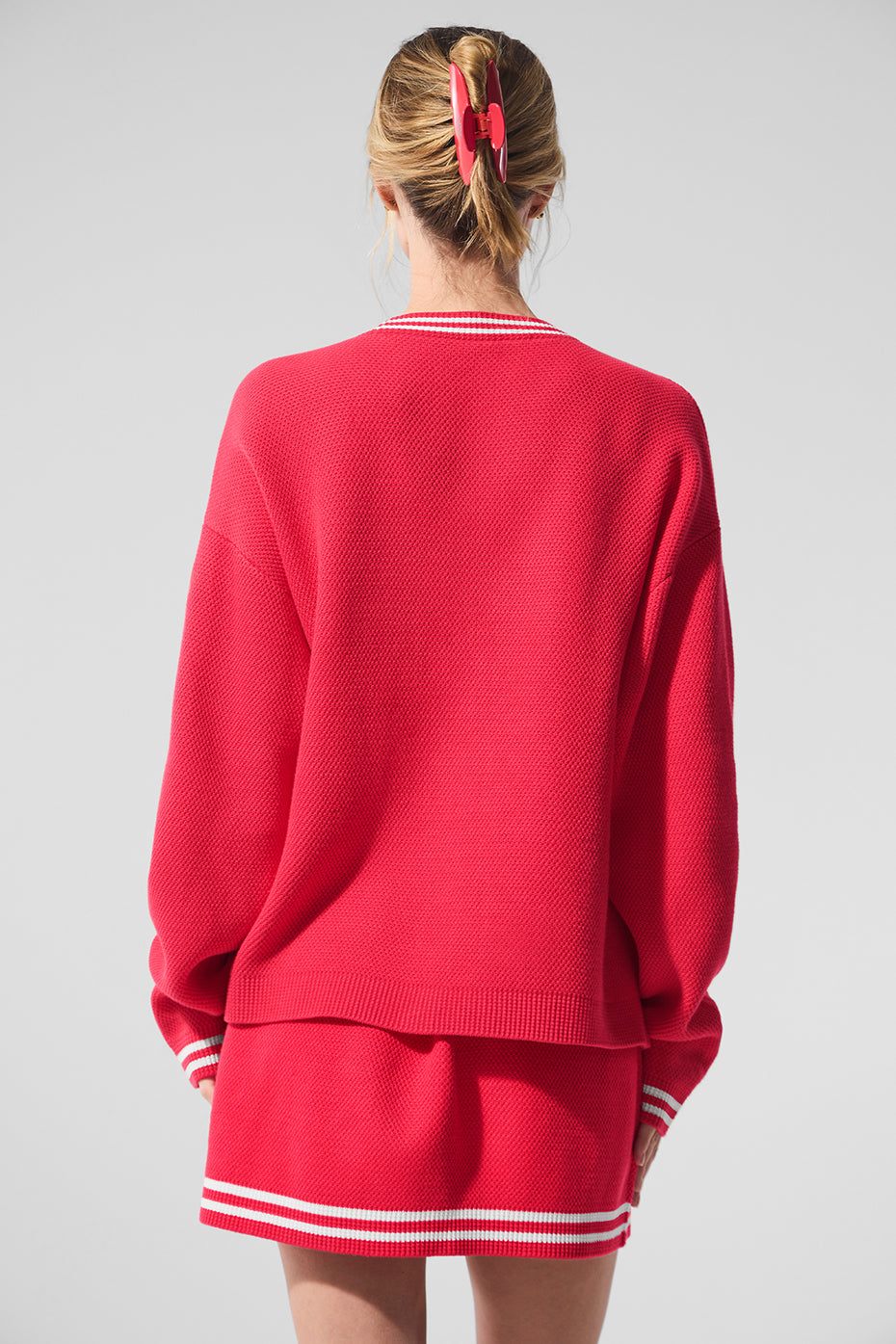 Tennis Club Sweater Knit Cardigan - Candy Red/White - Image 3