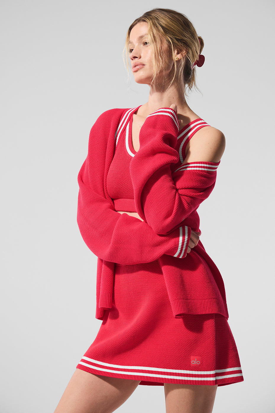 Tennis Club Sweater Knit Cardigan - Candy Red/White - Image 6