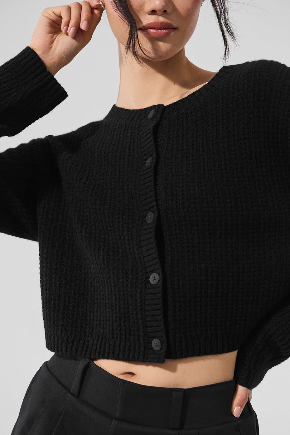Cashmere Plush Waffle Cardigan - Black - Image 3
