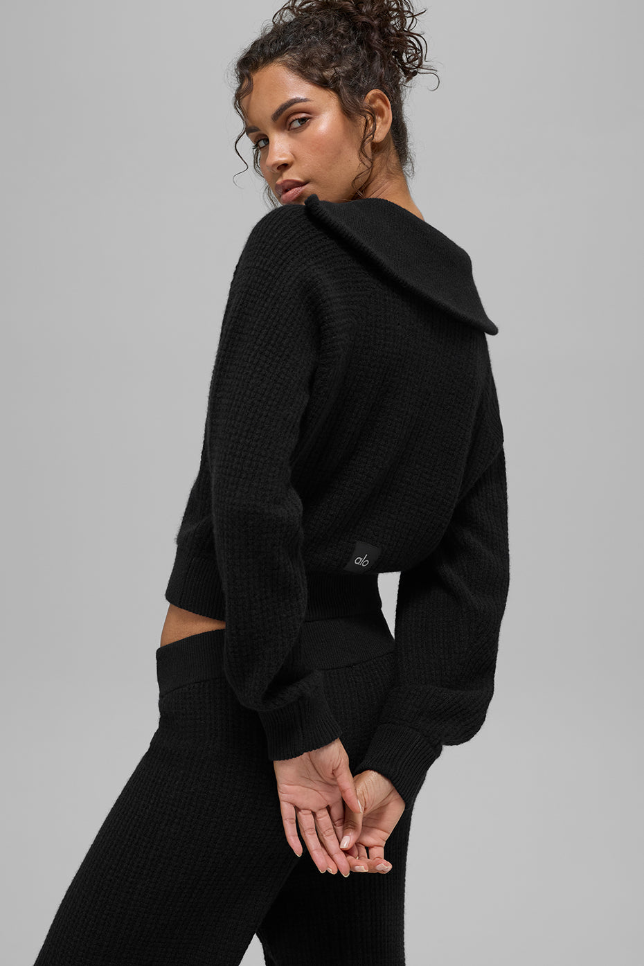 Cashmere Plush Waffle 1/4 Zip Pullover - Black - Image 5