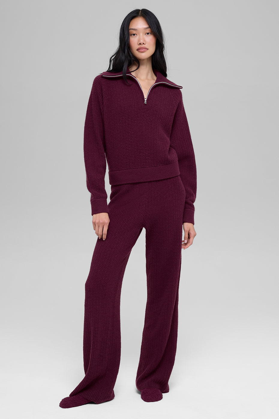 Cashmere Plush Waffle 1/4 Zip Pullover - Burgundy - Image 5
