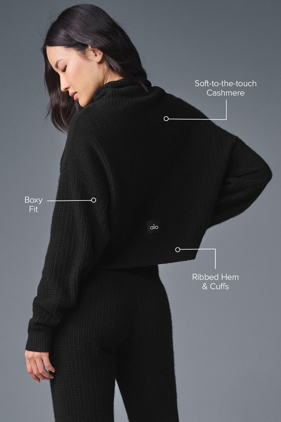 Cashmere Plush Waffle Turtleneck Pullover - Black - Image 2