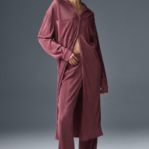 Micro Plisse Shirt Dress - Burgundy Truffle