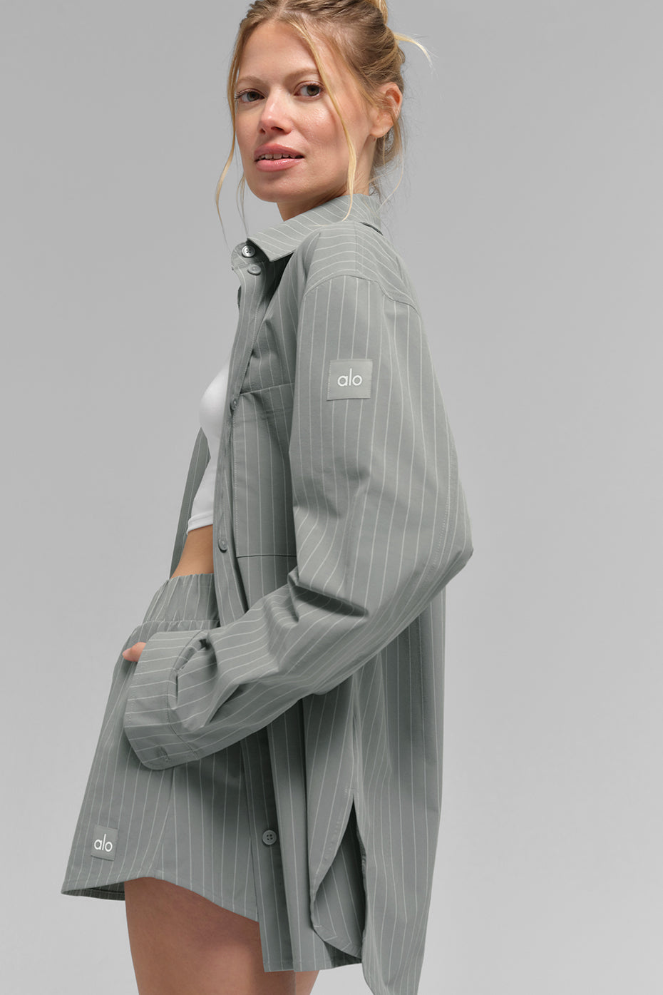 Pinstripe Daylight Button Down Long Sleeve - Lunar Grey/White - Image 3