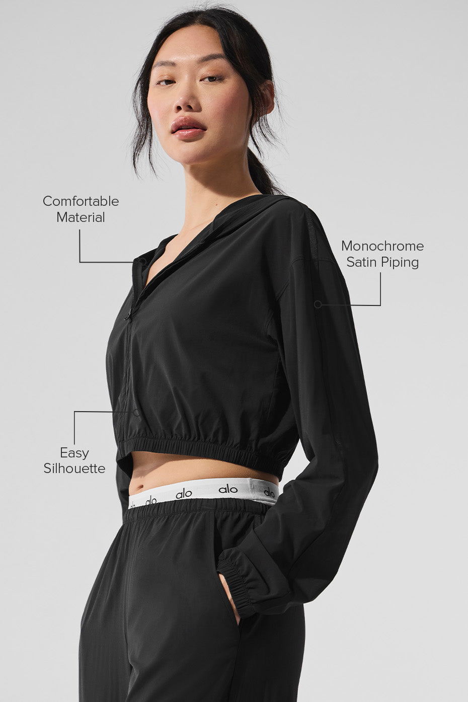 Cropped Breezy Full-Zip Hoodie - Black - Image 2