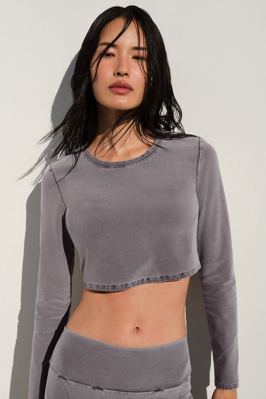 Washed Alosoft Crop Finesse Long Sleeve - Cool Grey Wash