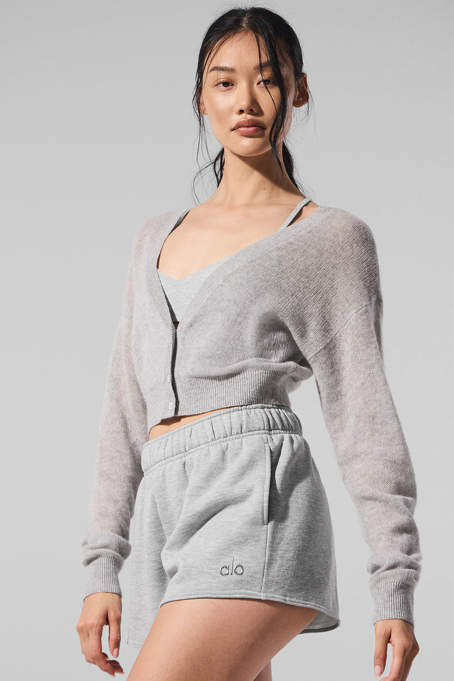 Sheer Cashmere Cropped Cardigan - Athletic Heather Grey - Image 5