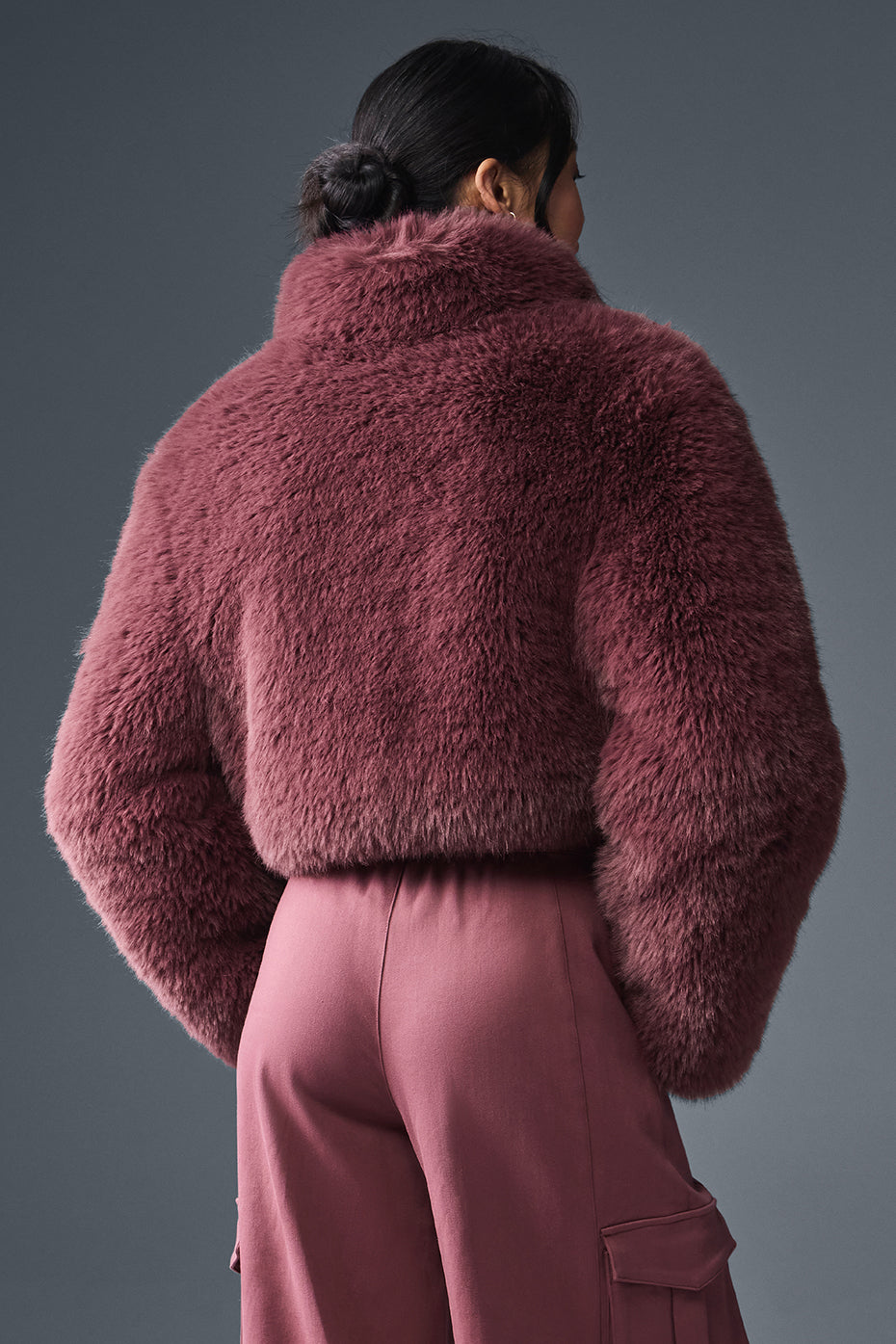 Opulent Faux Fur Cropped Jacket - Burgundy Truffle - Image 3