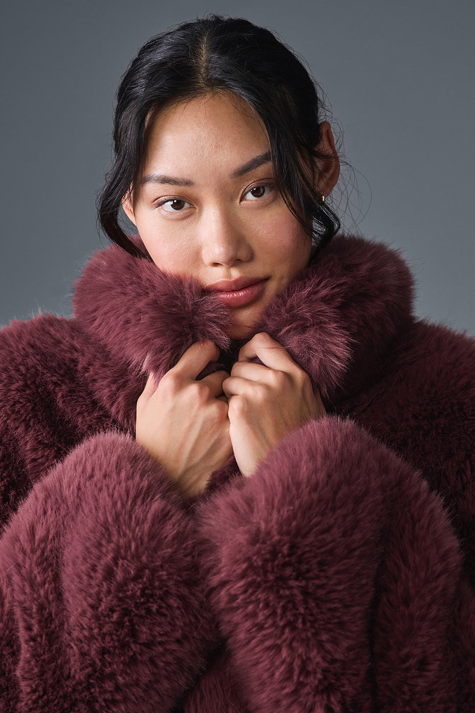 Opulent Faux Fur Cropped Jacket - Burgundy Truffle - Image 6