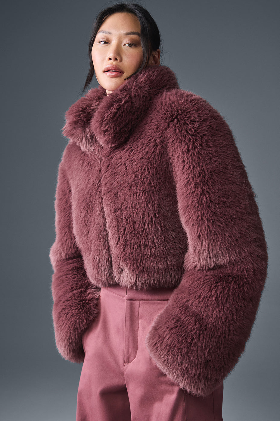 Opulent Faux Fur Cropped Jacket - Burgundy Truffle - Image 2