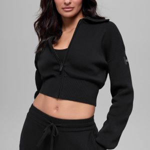 Scholar Knit Cropped Full Zip Jacket - Black
