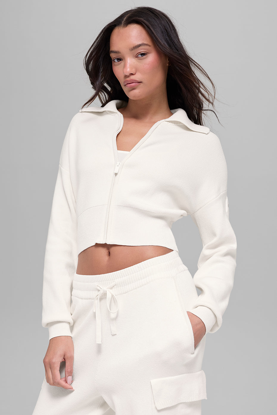 Scholar Knit Cropped Full Zip Jacket - Ivory - Image 2