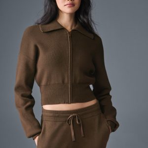 Scholar Knit Cropped Full Zip Jacket - Espresso